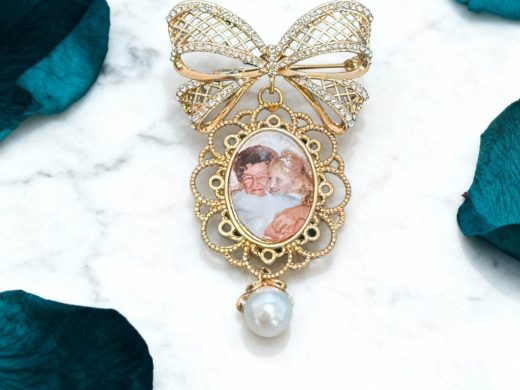 Custom Photo Bouquet Keepsake, Bow Brooch with Lacy Charm and Pearl Accent, Personalized with Your Picture in Memory of a Loved One, for the Bride