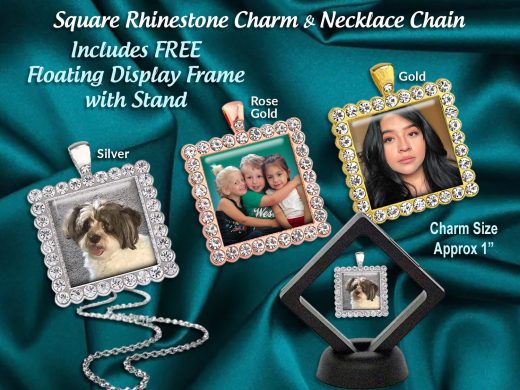 Square Rhinestone Photo Charm, Personalized Picture Bridal Bouquet or  Pendant Necklace, Bling Photo Charm with Display Frame Option