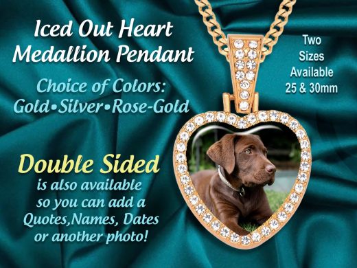 PET LOVER GIFT, Custom Heart Shaped Photo Medallion Pendant Necklace, Hip Hop Iced Out