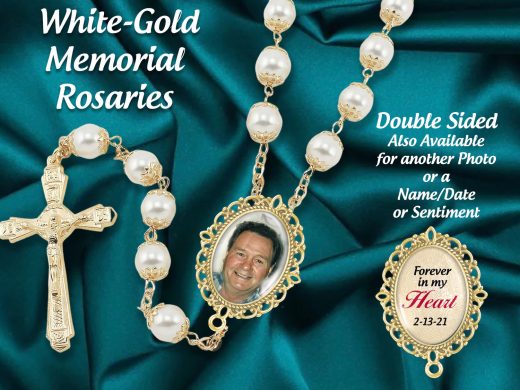 Memorial WHITE-GOLD Catholic Rosary Beads, Custom with Your Photo, Forever In My Heart, In Memory of Sympathy Funeral Prayer Beads