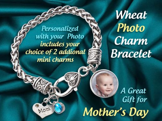 Photo Charm Bracelet with Your Picture Includes 2 Mini Charms on Wheat Cable Twisted Bracelet with Heart Clasp, Memorial Jewelry