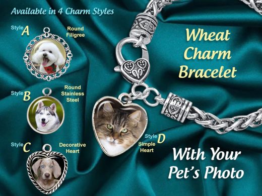 Cat or Dog Pet Lovers Photo Charm Bracelet Includes 2 Mini Charms on Wheat Cable Twisted Bracelet, Memorial Jewelry