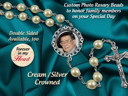 Luxurious IVORY -Silver Capped Photo Rosary Beads Especially for a Bride Wedding, Quinceañeras, Sacraments, Memorials, 2-sided Available
