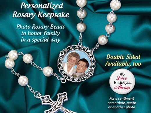 Personalized Photo Rosary Beads, Elegant WHITE -Silver Crowns, for Anniversaries, Weddings, Quinceañeras, Sacraments, Memorials, 2- Sided