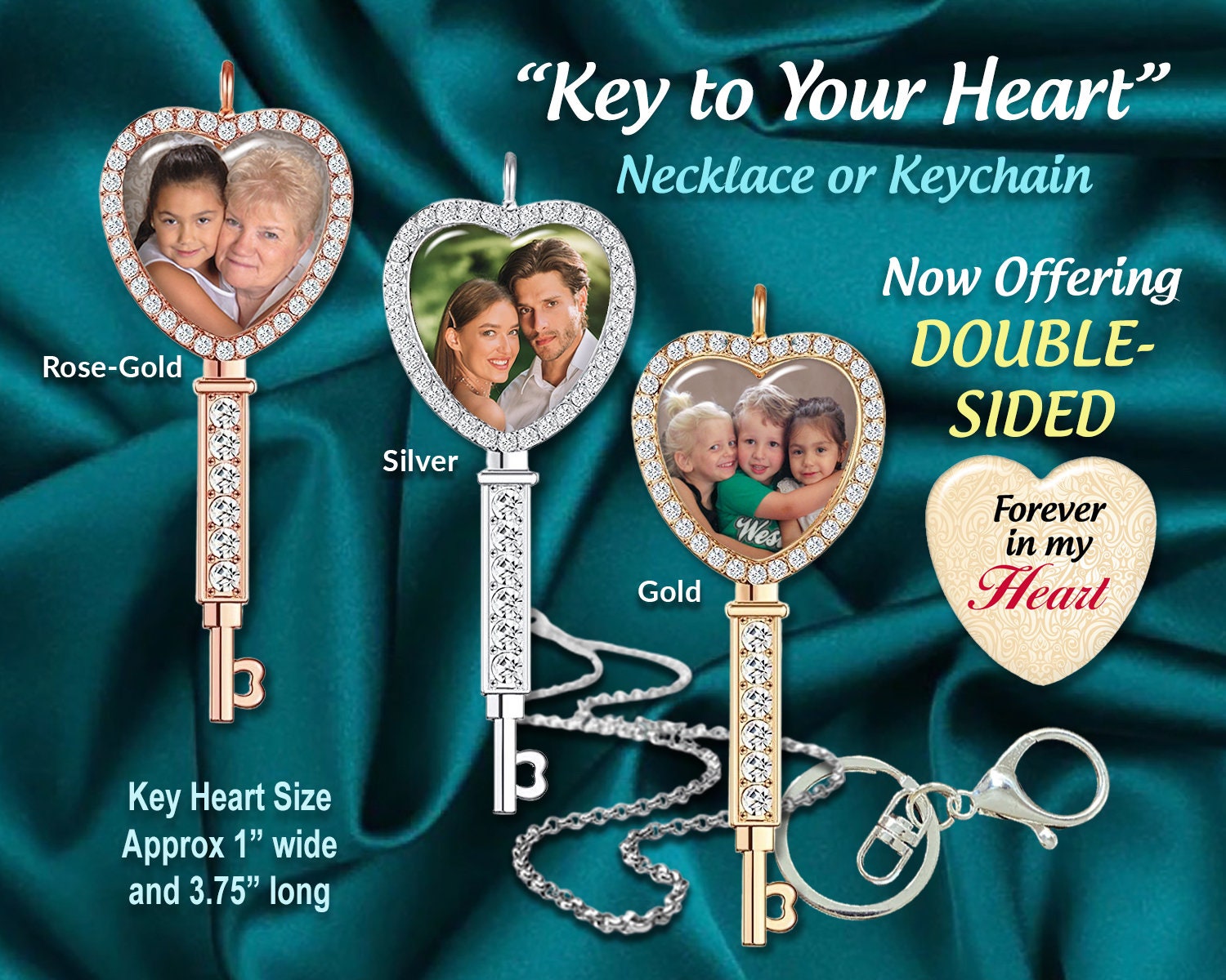 Custom Photo Key Charm - Necklace or Keychain – "Key to Your Heart" Rhinestone Keepsake Gift for Mom or Grandma