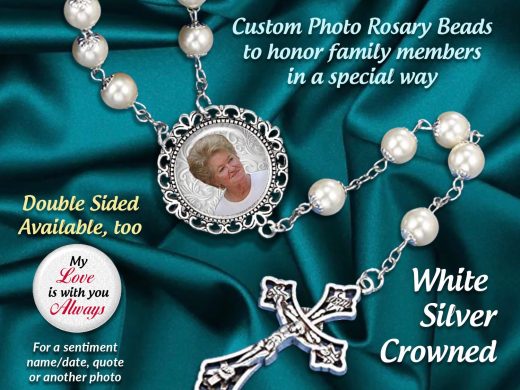 Personalized Photo Rosary Beads, Elegant WHITE -Silver Crowns,  for Weddings, Quinceañeras, Sacraments, Memorials, 2- Sided