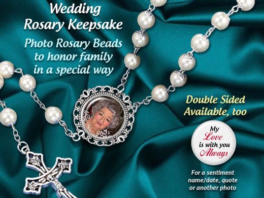 Brides Personalized Photo Rosary Beads, Elegant WHITE -Silver Crowns,  for Weddings, Quinceañeras, Sacraments, Memorials, 2- Sided