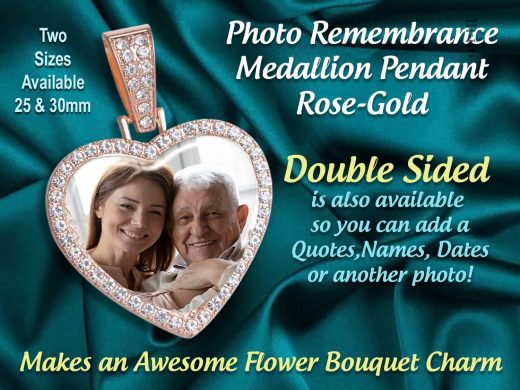 Bridal Bouquet Photo Charm Medallion with Your Favorite Picture, Custom Larger Heart Shaped Photo (30mm) Necklace,  Amazing for Gift Giving