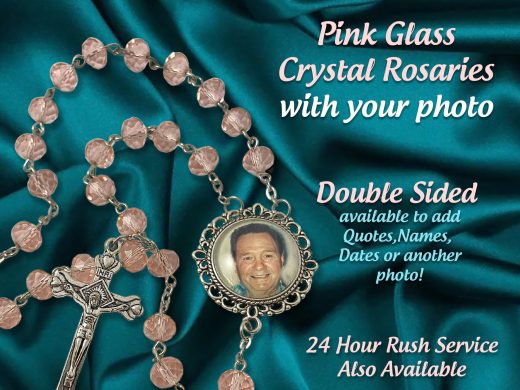 Custom Photo Rosary Beads, Pink Clear Crystal Rosary, Birthdays, Anniversary, Quinceanera, - Personalized  with Your Picture, In Memory Of