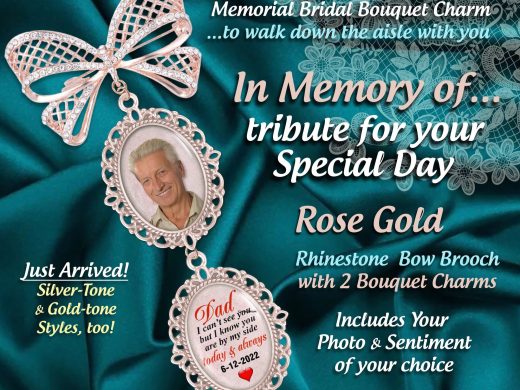 TWO Photo Bouquet Charms & Elegant Brooch, Personalized with your Picture, Remembrance Memorial Keepsake for Bride, Great Bridal Shower Gift