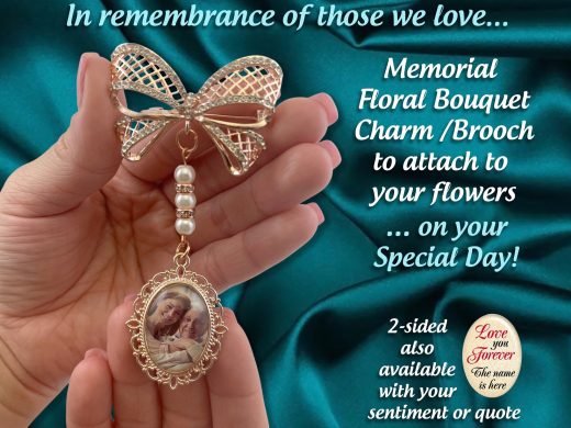 Photo Wedding Bouquet Charm includes Elegant Brooch & Pearls, Personalized with your Picture, In Memory of Memorial Keepsake for Bride