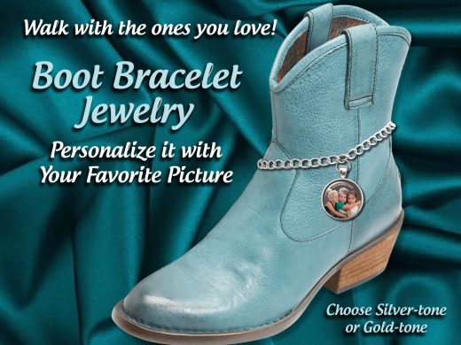 Boot Jewelry Bracelet Photo Charm, Womens Boot Anklet, Personalized w/ Your Picture of Loved One for your Boot Lovers & Brides Boot Jewelry