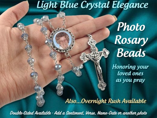 Elegant Light Blue Crystal Photo Rosary Beads - Religious Catholic Prayer Beads - Memorial Beads - Custom & Personalized with Your Picture