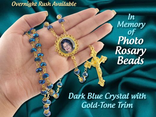 Blue Crystal Gold Capped Photo Rosary Beads for Wedding, Baptism, Communion, Confirmation, Quinceañera, Celebration of Life or Sympathy Gift