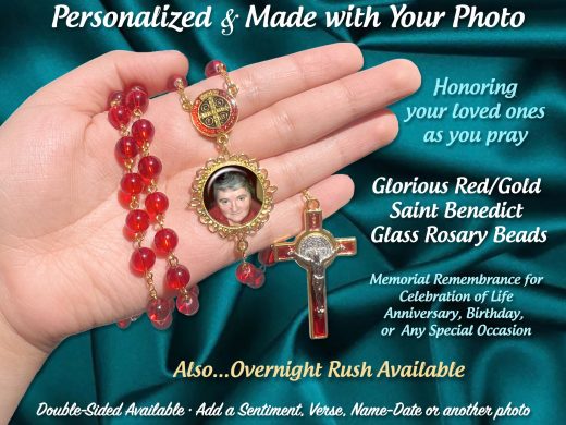 Red St. Benedict Photo Rosary, Personalized with Your Picture for Birthdays, Anniversaries, Memorial Sympathy Celebration of Life