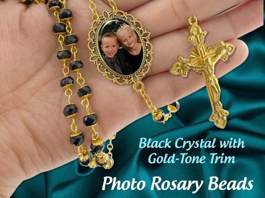 Custom Black Crystal Photo Rosary Beads with Gold Trim, Gift for Sacraments, Birthdays, Memorial Rosaries, Celebration of Life, Rosario