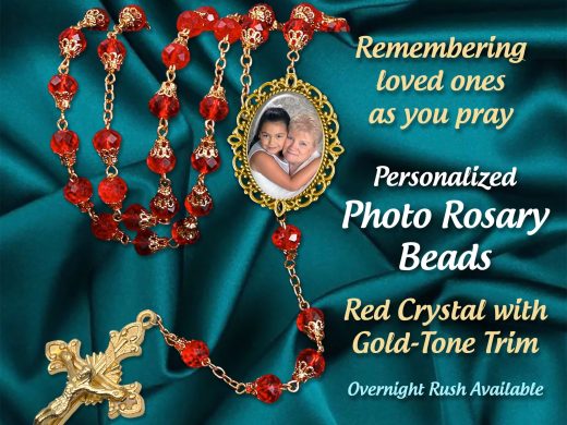 Photo Rosary Beads Red with Gold Trim Personalized with Your Picture Keepsake, Memorial Celebration of Life & Quinceanera, Special Occasion