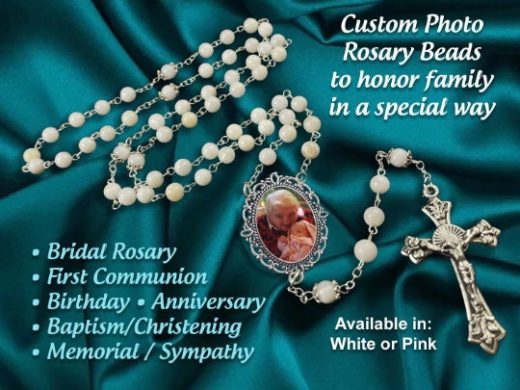 WHITE Custom Photo Rosary Beads, Gifts for Wedding, Communion, Memorial Remembrance Rosaries, Bereavement, Sympathy Acknowledgement