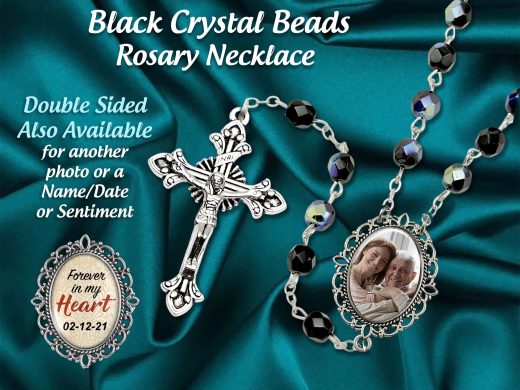 BLACK, Personalized Photo Rosary Beads Necklace, Custom Made with Your Picture, Memorial Remembrance, Catholic Prayer Beads
