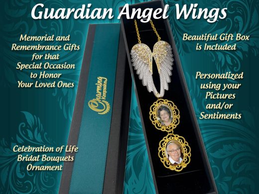 Guardian Angel Wings with 2 Photo Charms for Bridal Wedding Bouquet or Personalized Christmas Memorial Ornament In Memory Of Loved Ones