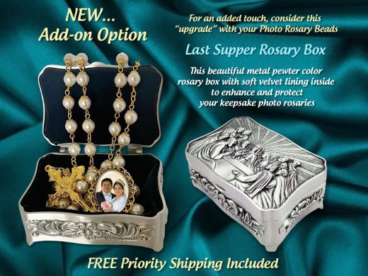 WHITE-GOLD Catholic Rosary Beads, Personalized with Your Photo, Bridal Wedding, Confirmation, Quinceañeras, 50th Anniversary, In Memory Of