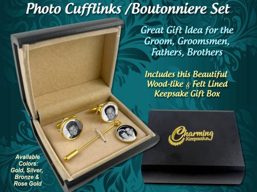 Personalized Photo Cufflink Set with Matching Boutonniere Pin for Weddings, Proms,  Special Occasions - Groom's Gift, Father of the Bride