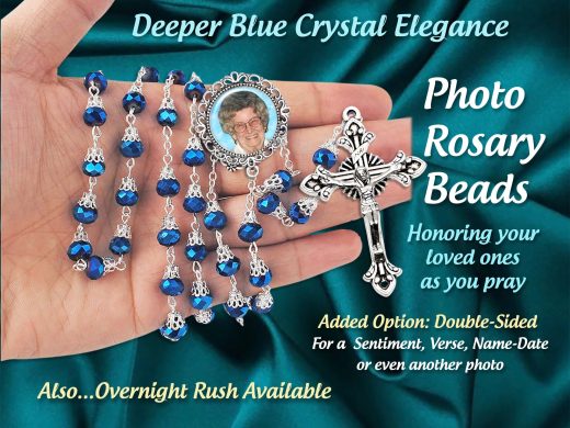 Handmade Catholic Deep Blue Crystal Picture Rosary Beads - In Memory of Rosaries Custom & Personalized with Your Photo, Sympathy Gift