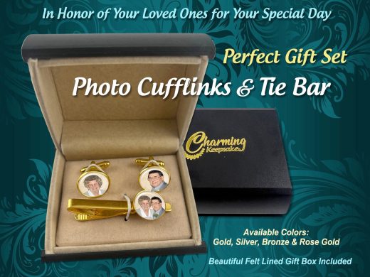Custom Photo Cufflink Set with Matching Tie Bar for Weddings, Proms, Great Gift & Fathers of Bride, Groom, Fiance or Celebration of Life