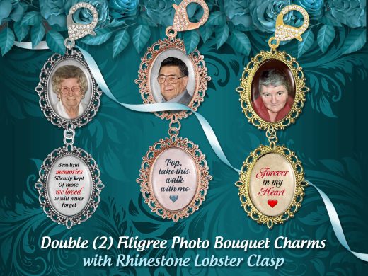 2 Two Memorial Wedding Bouquet Photo Charms with Rhinestone Lobster Clasps Great Brides Gift to Honor Loved Ones on your Special Day