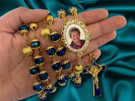 Blue Gold Capped Crystal Rosary Beads for Wedding, Communion, Confirmation, Quinceañera, Memorial Celebration of Life or Sympathy Gift