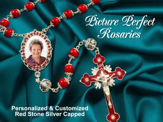 Picture Perfect Photo Rosary Beads – Red Stone Silver capped for Wedding, Baptism, Confirmation, Quinceañera, Celebration of Life Gift