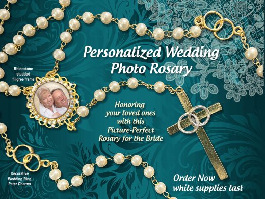 Elegant Wedding or Anniversary Photo Rosary Glass Pearl Beads Gold Cross with Rings for Bride and Groom Keepsake Gift - Made in Italy