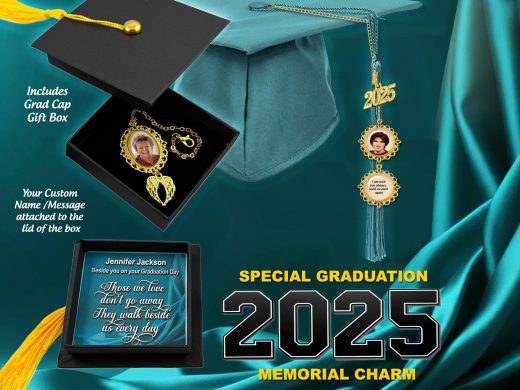 Graduation Remembrance Photo Charm for Tassel & Includes Keepsake Grad-Cap Shape Gift Box with Custom Message - And Optional Mini-Charms