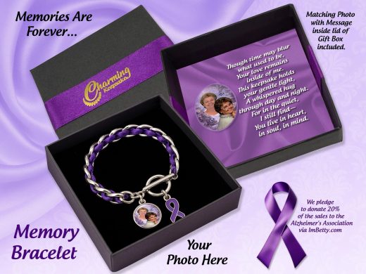 Purple Ribbon Memory Bracelet – Personalized Photo Keepsake for Alzheimer’s Awareness and Support