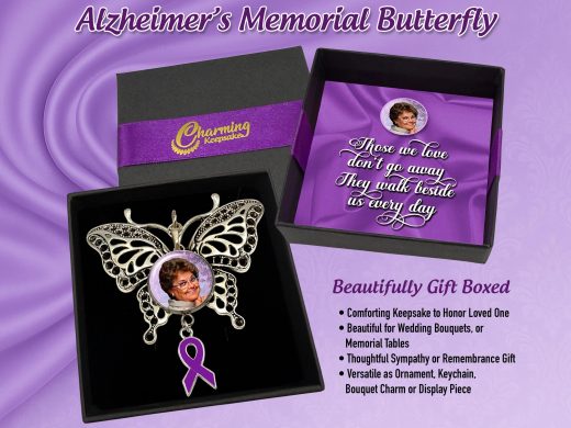 Alzheimer’s Butterfly Memorial Photo Charm – Picture Tribute Keepsake, Ornament, Key Chain or Bouquet Charm in Remembrance of a Loved One