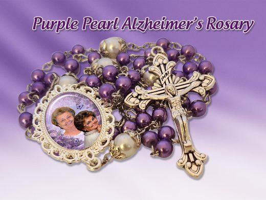 Purple Pearl and Silver Filigree Alzheimer’s Rosary – Personalized Photo Keepsake with Multiple Medals