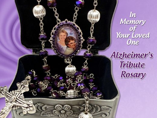 Custom Catholic Photo Rosary – Dark Purple Crystal Beads “In Memory Of” Gift – Supports Alzheimer’s Awareness
