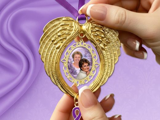 Gold Angel Wing Photo Ornament - Alzheimer’s Tribute Memorial Gift, Car Mirror or Christmas Keepsake with Poem Gift Box