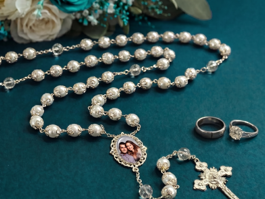 Luxurious Catholic Wedding Rosary with Custom Photo White Glass Pearl Beads Handcrafted - Bride Groom Heirloom Keepsake Gift