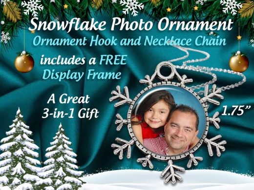 SPECIAL 3 Gifts in One -Personalized Snowflake Photo CHRISTMAS Ornament with FREE Necklace Chain & Floating Display  Frame Gift Boxed