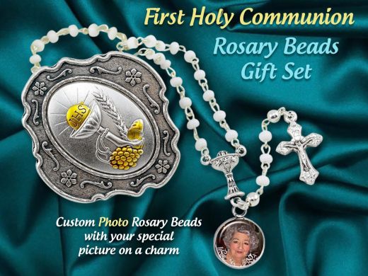 First Communion Rosary Beads Gift Set with Personalized Photo Charm Attached, and a Keepsake Trinket Box Included For Boys and Girls