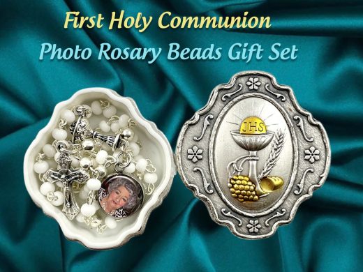 1st Holy Communion Rosary Beads Gift Set with Personalized Photo Charm Attached, and a Keepsake Trinket Box Included For Boys and Girls