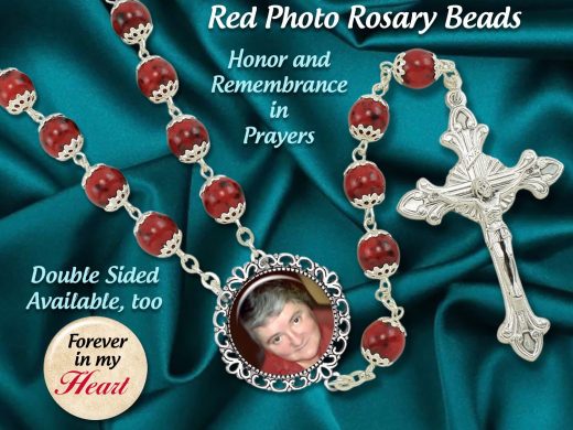 Personalized Photo Rosary Beads, RED-Silver Crowned, Custom Made with Your Picture, Memorial Remembrance, Catholic Prayer Beads