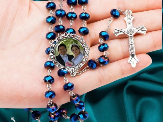 AZUL Personalizado Foto Rosario, Regalos- Boda, Comunión, Recuerdo Conmemorativo Rosarios, Reconocimiento de Condolencias