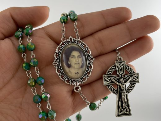 Green Rosary, Personalized Photo Rosary Beads, Anniversary- Custom Made with Your Picture, Memorial Remembrance