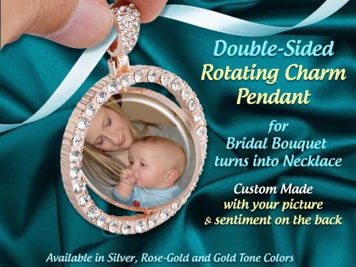 2-Sided Custom Photo Bridal Bouquet Charm, Rotating to Showoff Your Picture & Sentiment, In Memory Of Loved Ones Keepsake Jewelry