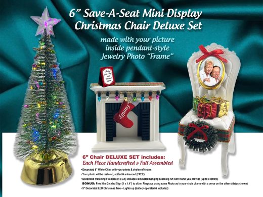 Memory Table to Remember “Save a Seat", Photo Ornament Chair Using Your Picture in a Jewelry Charm Frame.  Fireplace, Light Up Mini Tree
