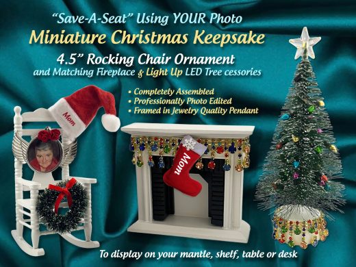 Christmas in Heaven Photo Ornament Chair Using Your Picture in a Jewelry Charm Frame. Mini “Save a Seat", Fireplace, Light Up Mini Tree