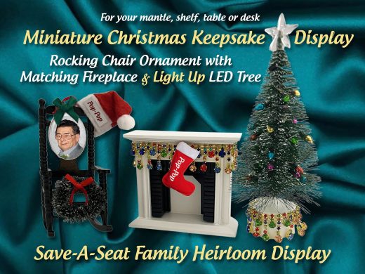 Wish You Were Here “Save a Seat", Memory Photo Ornament Chair Using Your Picture in a Jewelry Charm Frame.  Fireplace, Light Up Mini Tree