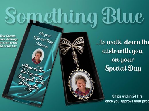 Photo Charm for Bridal Bouquet – Large Oval with Brooch-Style Bow – Wedding Memorial Keepsake, Something Blue Accent